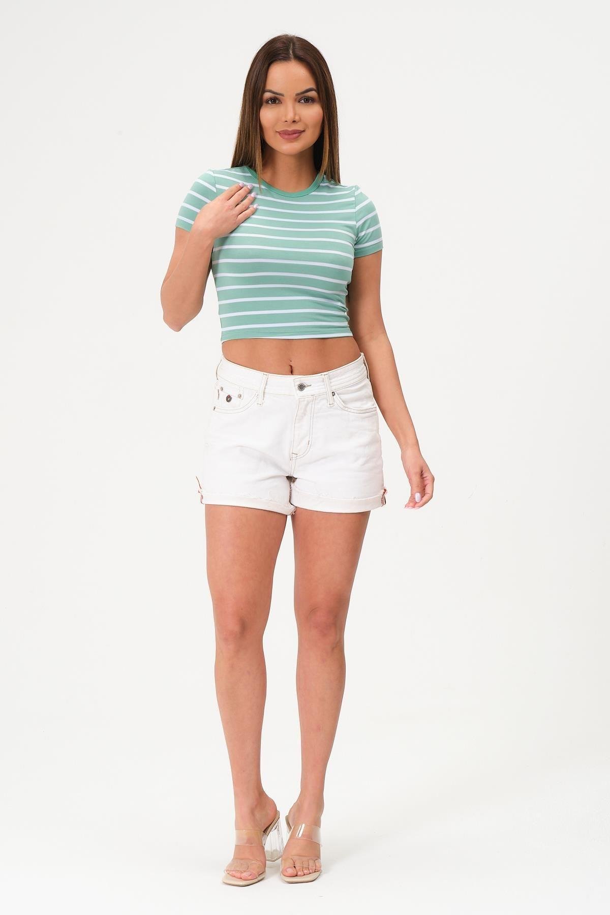 Kadın Crop Bluz Bisiklet Yaka Krop