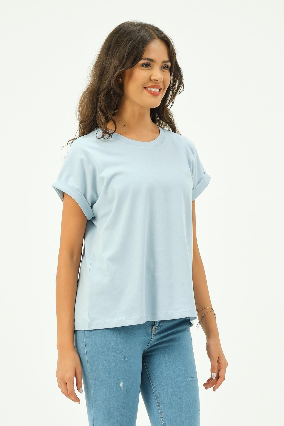 Kadın Düz renk Pamuk Tişört Tshirt Yarasa Kollu