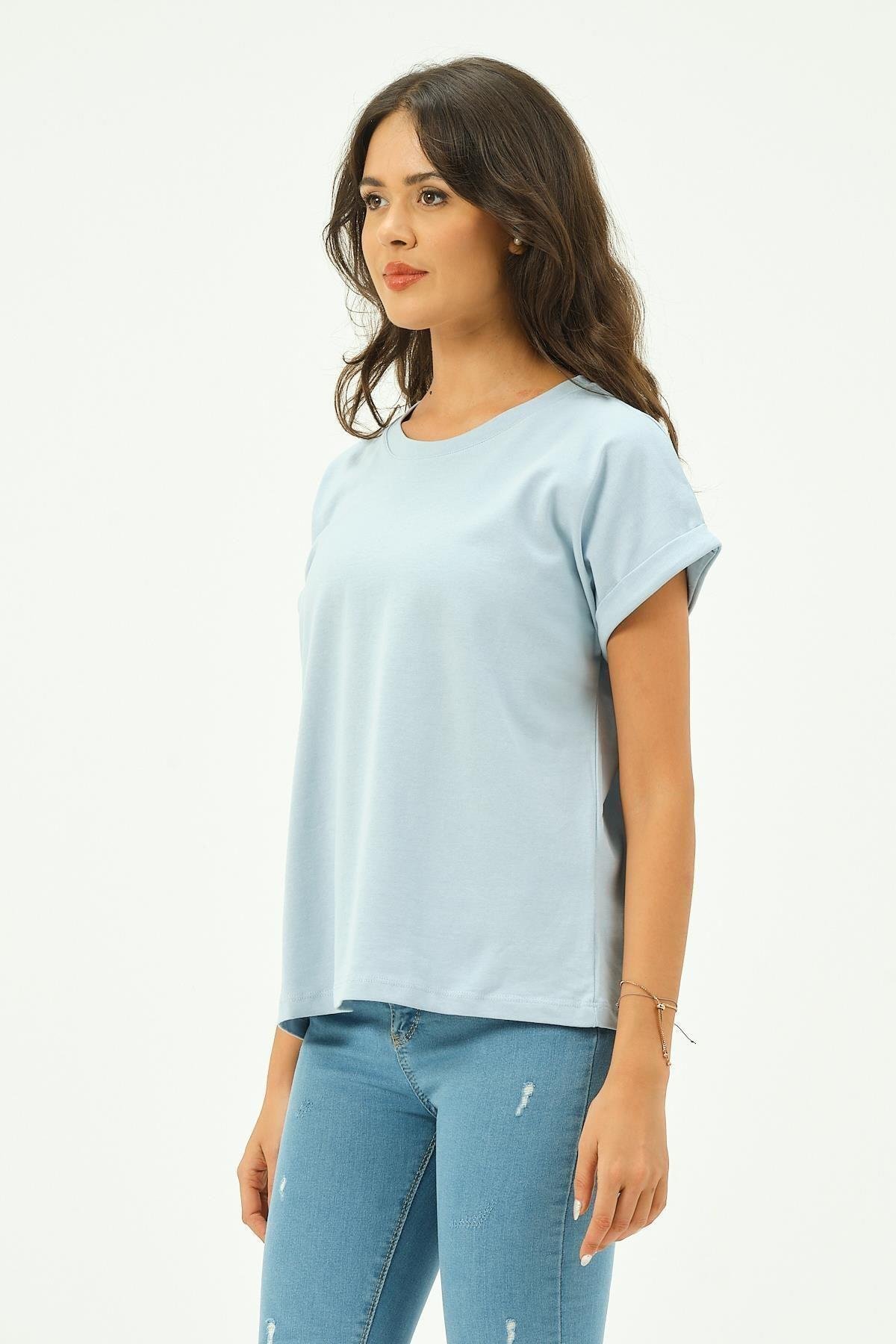 Kadın Düz renk Pamuk Tişört Tshirt Yarasa Kollu