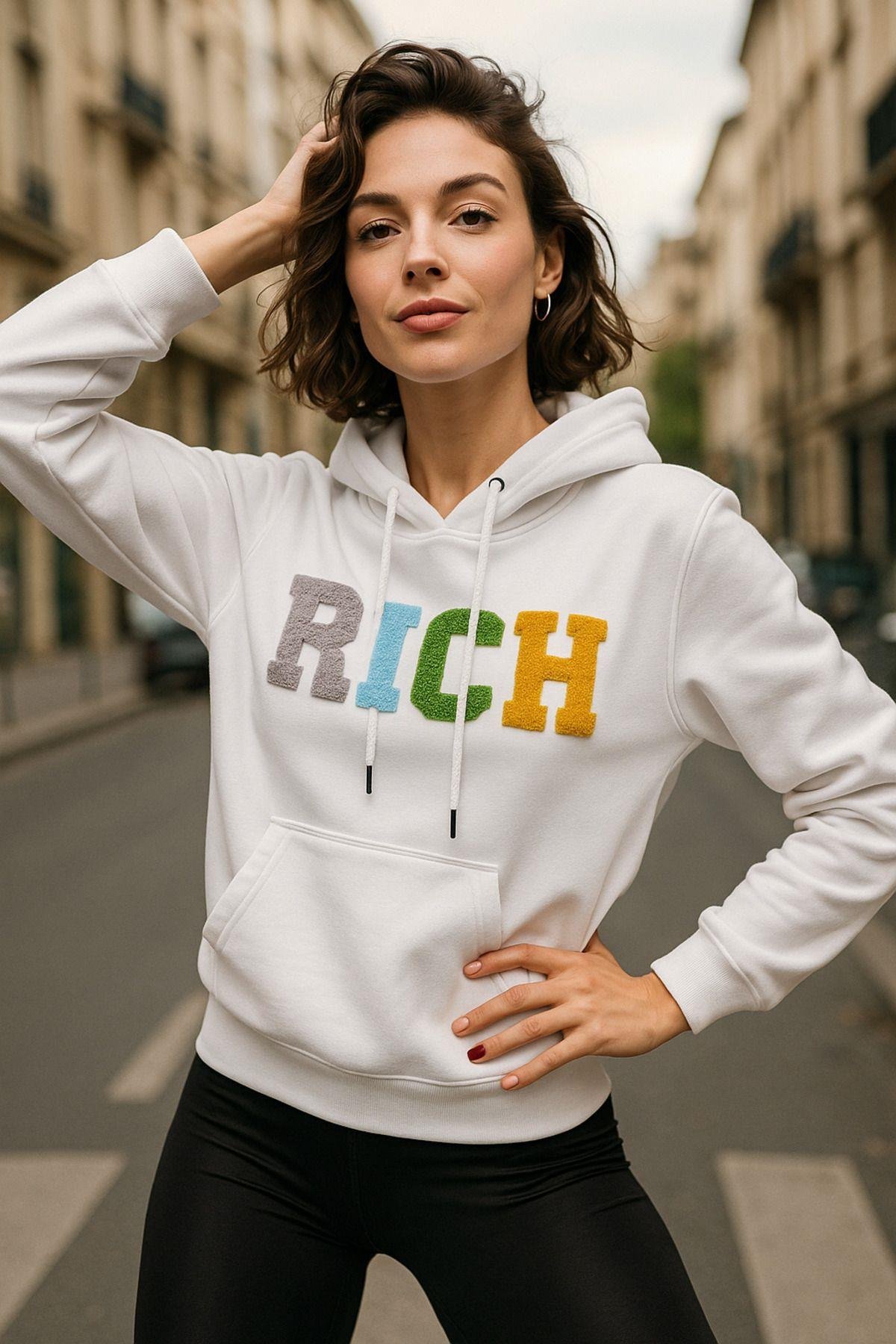 Kadın Ekru 2 Iplik Kapüşonlu Sweatshirt Baskılı Oversize Sweatshirt