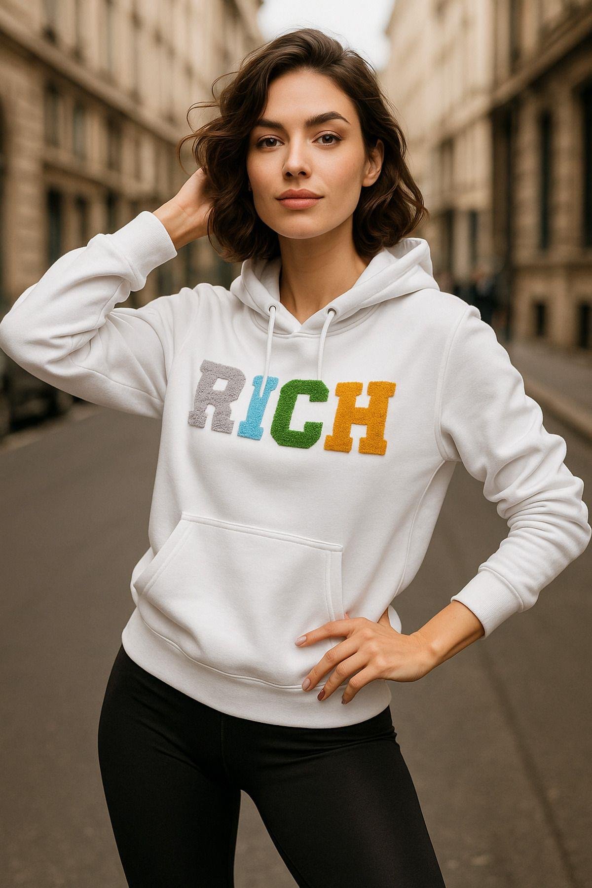 Kadın Ekru 2 Iplik Kapüşonlu Sweatshirt Baskılı Oversize Sweatshirt