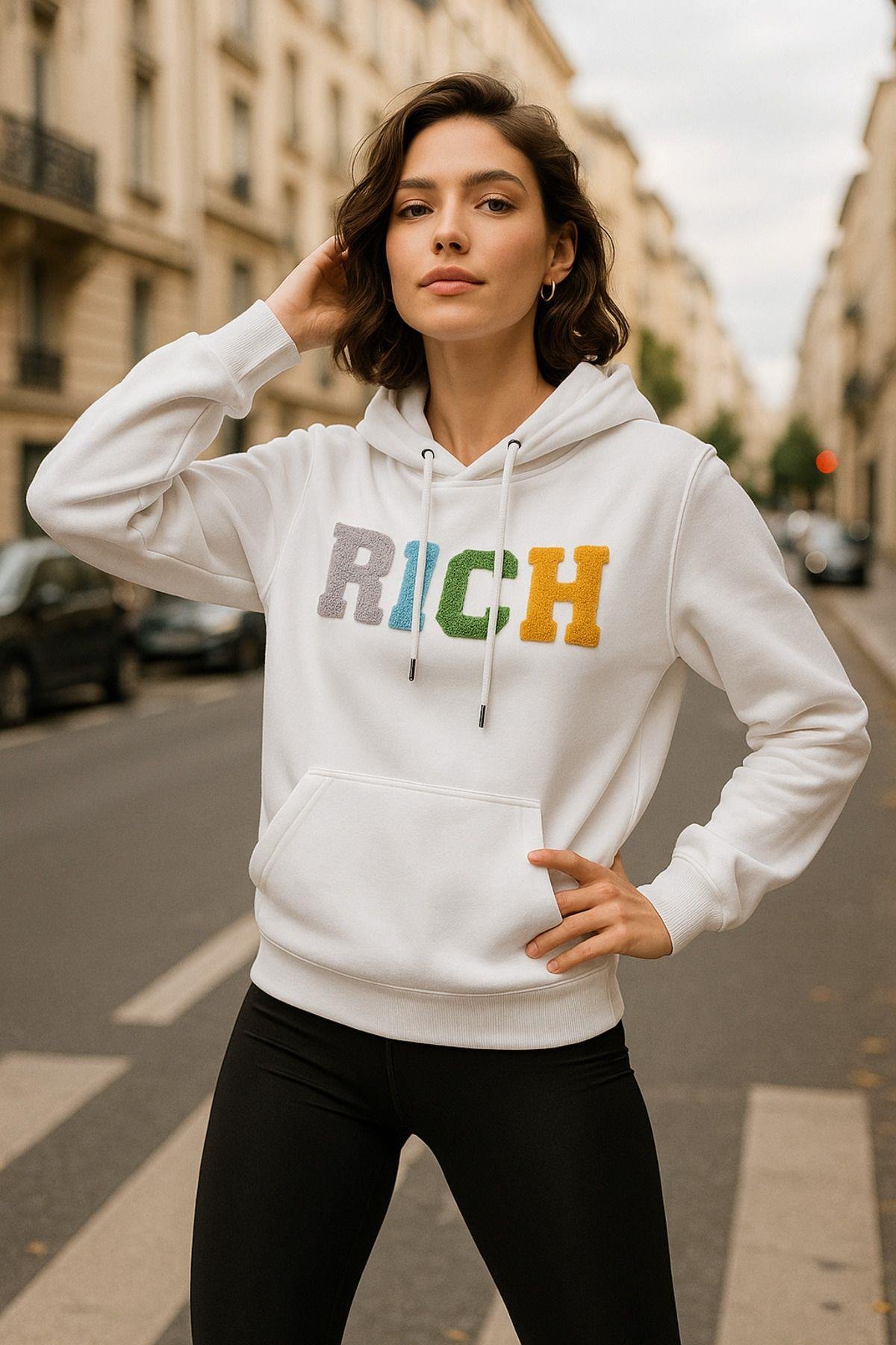 Kadın Ekru 2 Iplik Kapüşonlu Sweatshirt Baskılı Oversize Sweatshirt