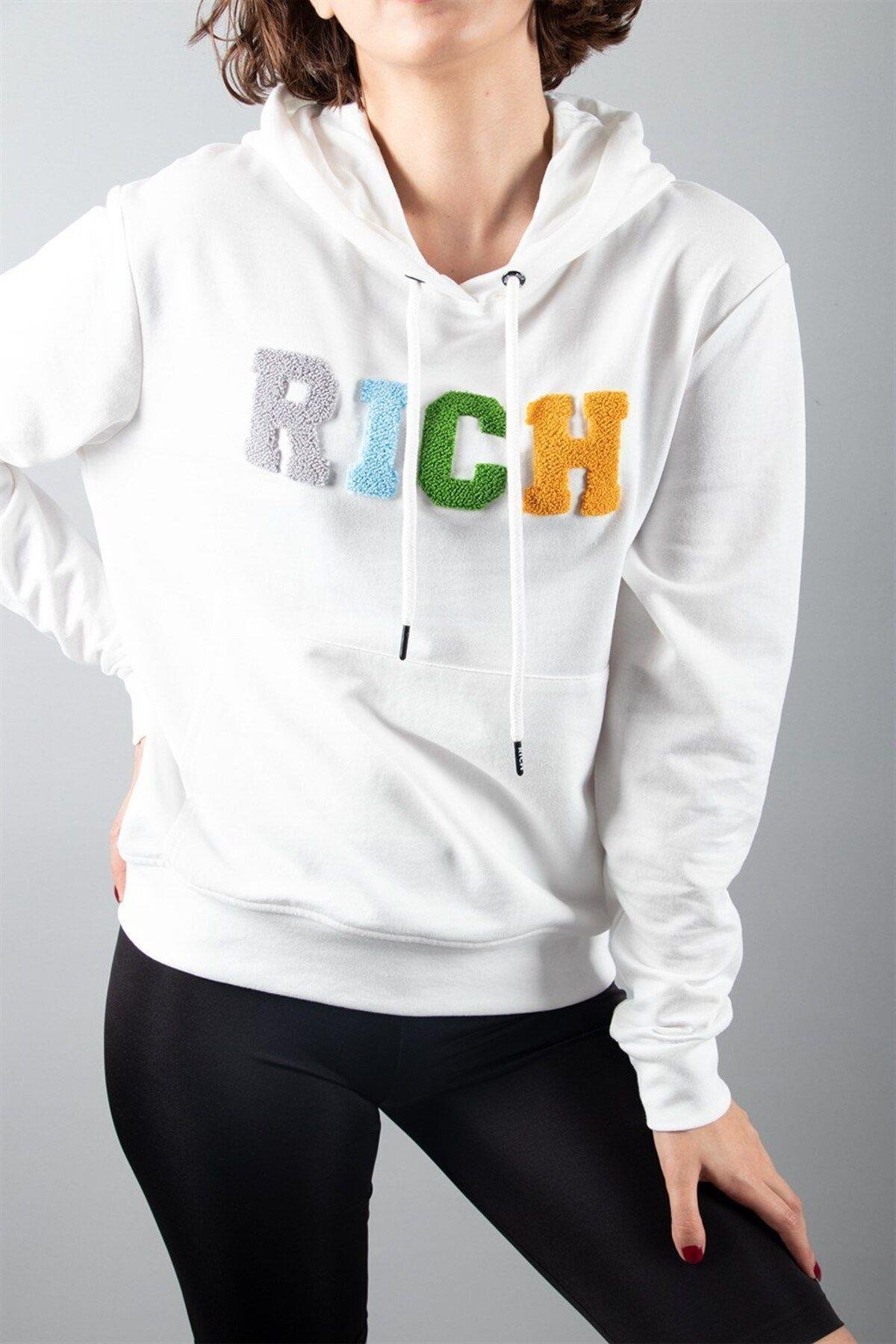 Kadın Ekru 2 Iplik Kapüşonlu Sweatshirt Baskılı Oversize Sweatshirt