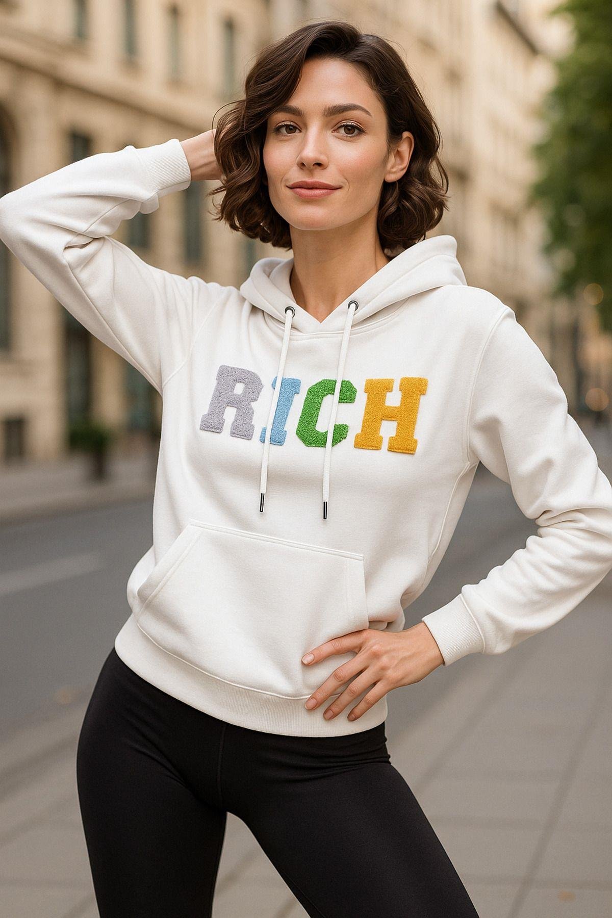Kadın Ekru 2 Iplik Kapüşonlu Sweatshirt Baskılı Oversize Sweatshirt