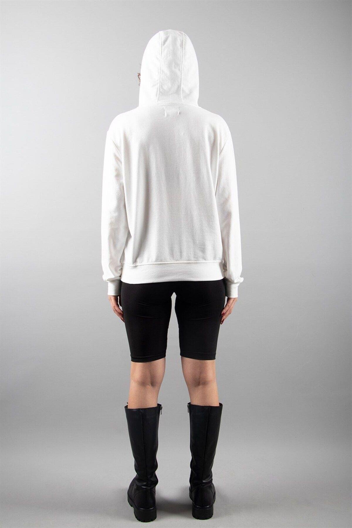 Kadın Ekru 2 Iplik Kapüşonlu Sweatshirt Baskılı Oversize Sweatshirt