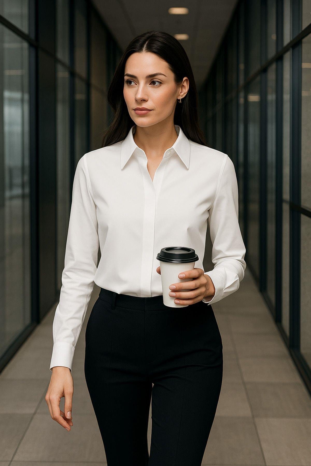Kadın Ekru Gizli Düğme Detaylı Slim Fit Trend Krep Gömlek