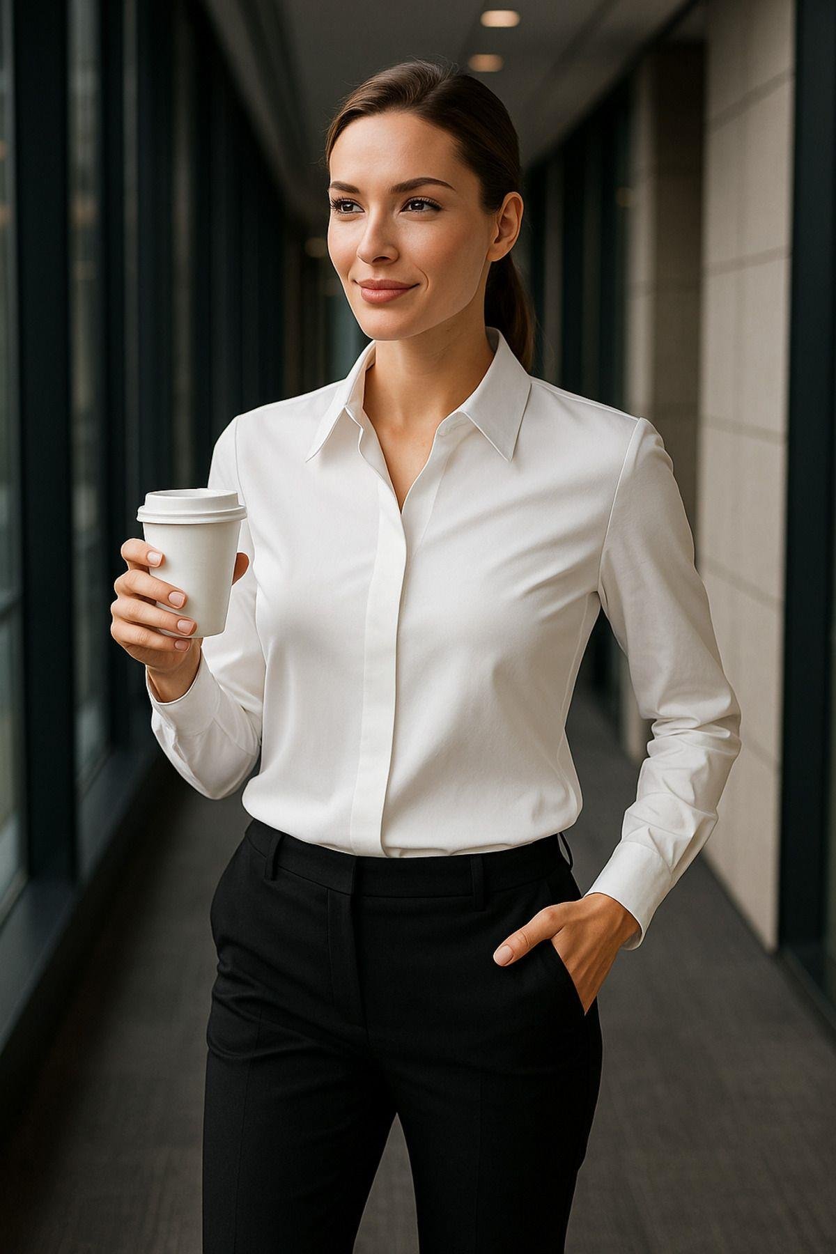 Kadın Ekru Gizli Düğme Detaylı Slim Fit Trend Krep Gömlek