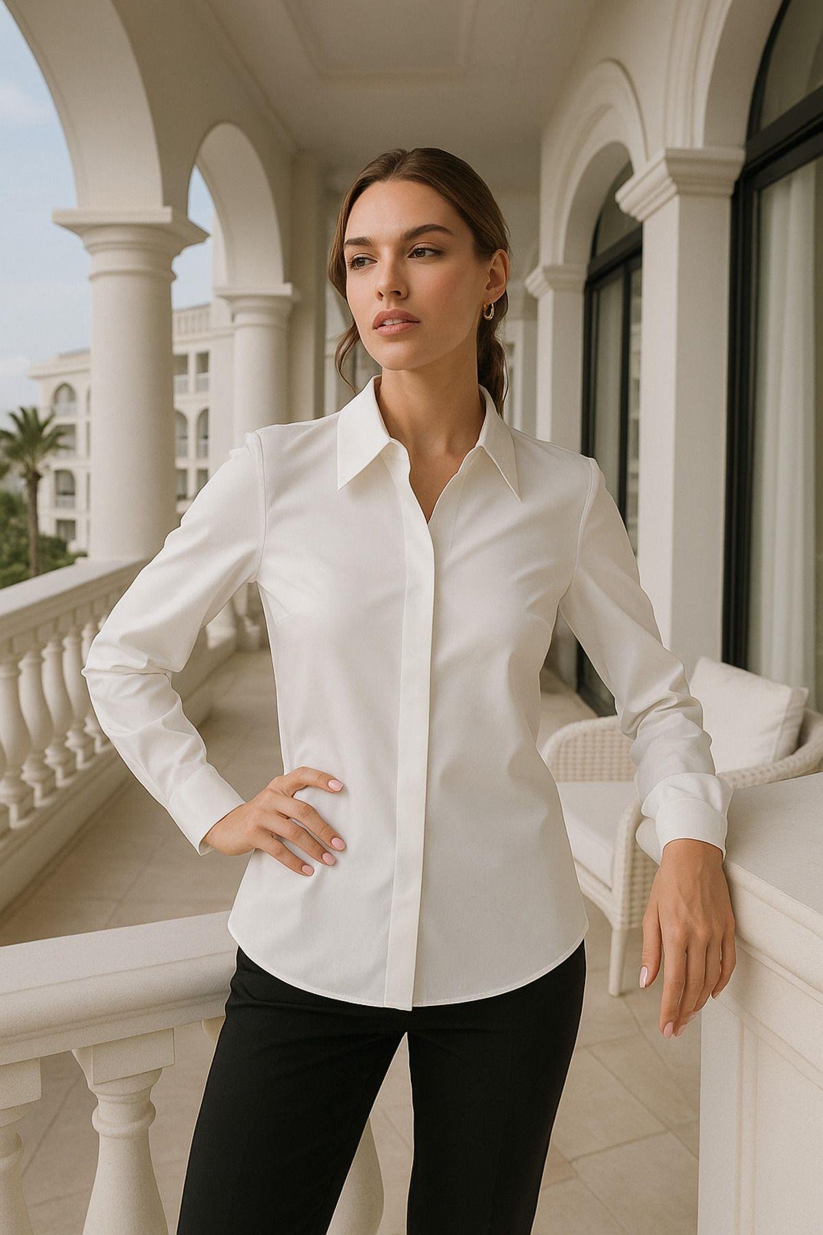 Kadın Ekru Gizli Düğme Detaylı Slim Fit Trend Krep Gömlek