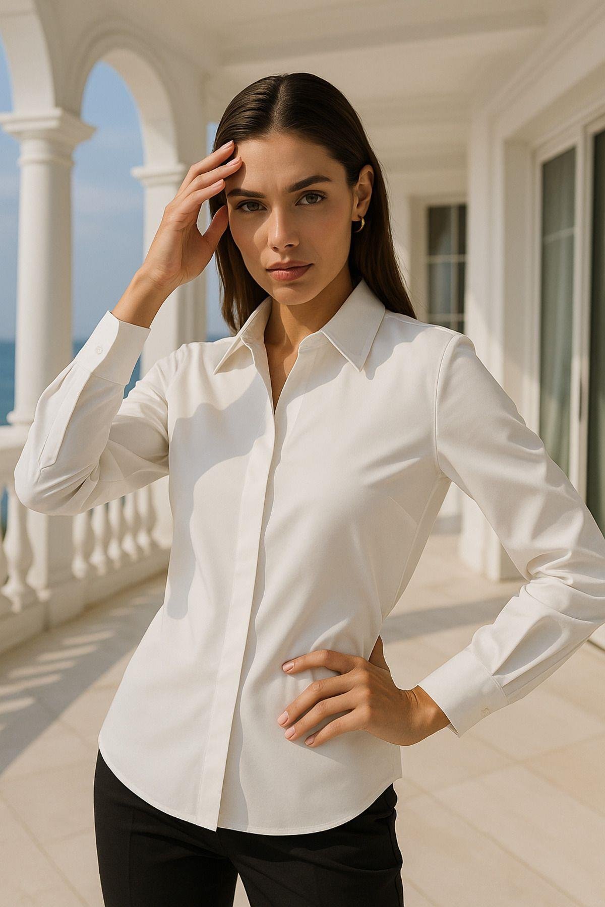 Kadın Ekru Gizli Düğme Detaylı Slim Fit Trend Krep Gömlek