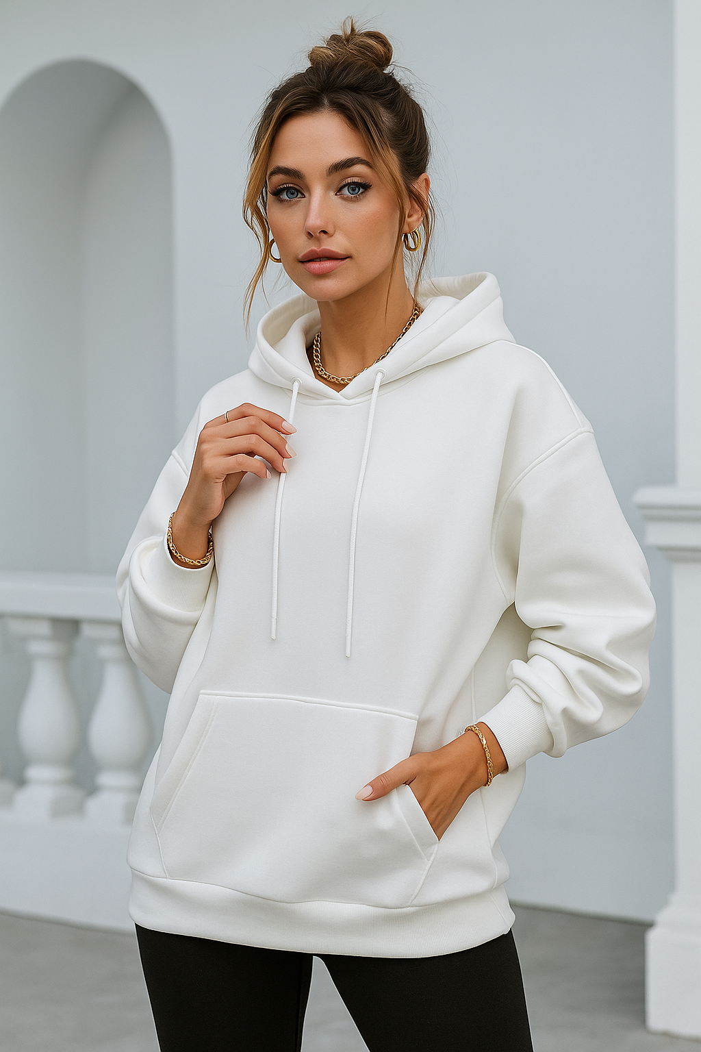 Kadın Ekru Kanguru Cepli Kapüşonlu Scuba Sweatshirt