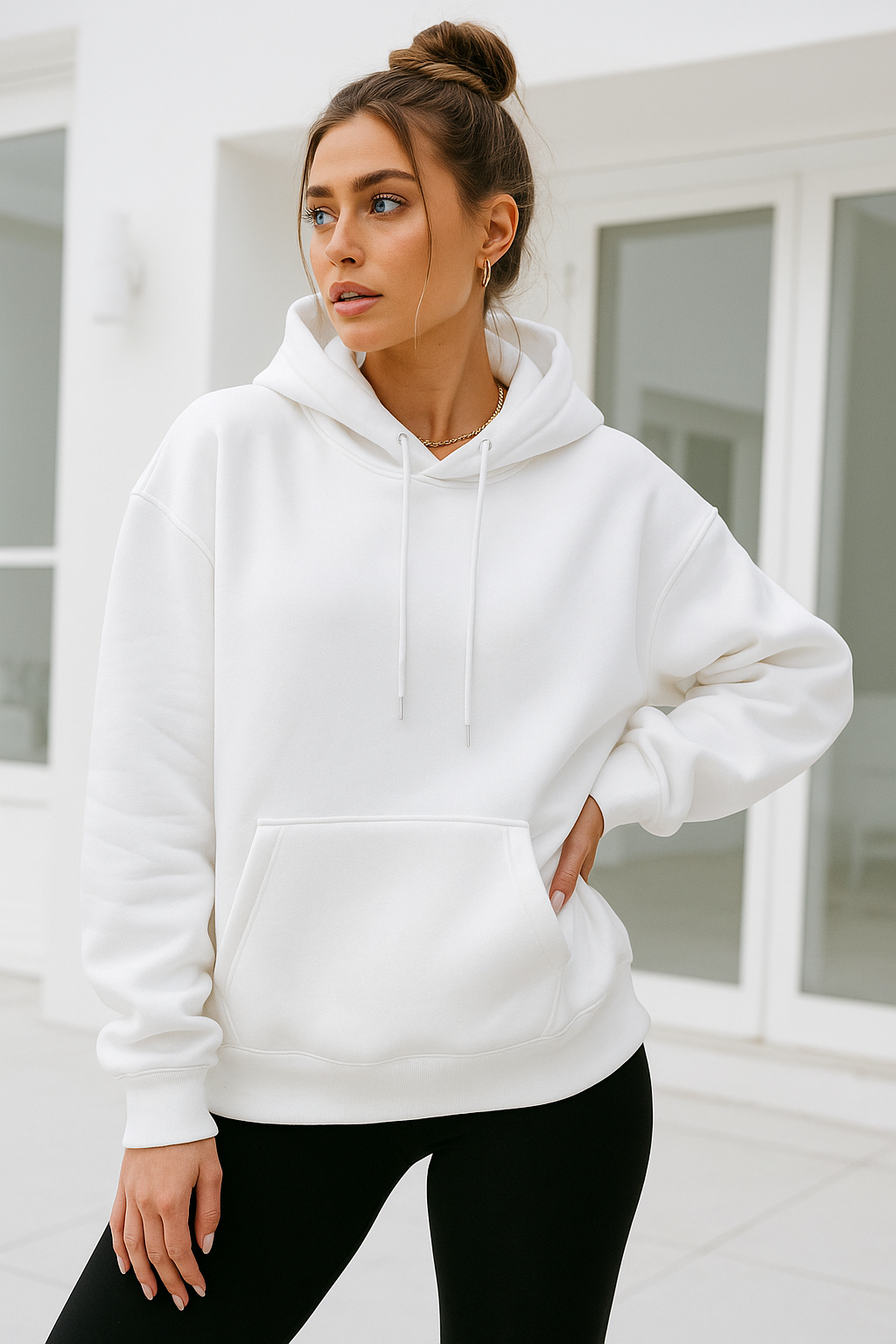 Kadın Ekru Kanguru Cepli Kapüşonlu Scuba Sweatshirt