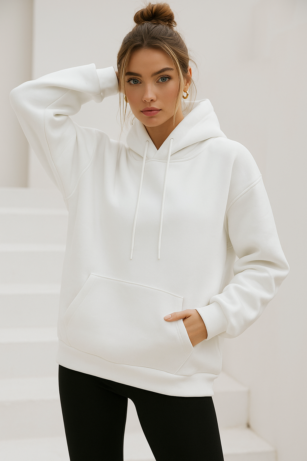 Kadın Ekru Kanguru Cepli Kapüşonlu Scuba Sweatshirt