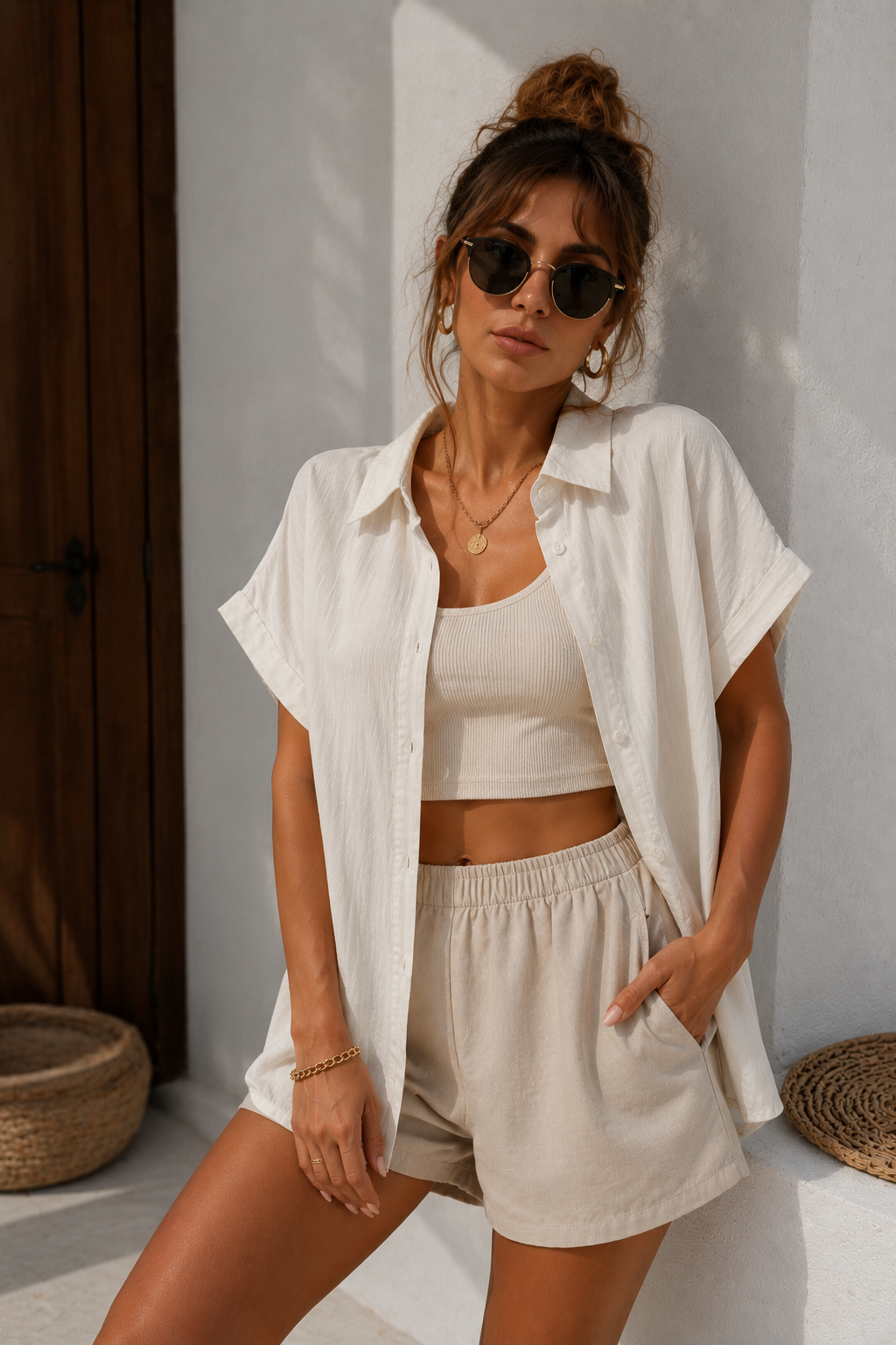 Kadın Ekru Müslin Kumaş Oversize Kısa Kollu Gömlek