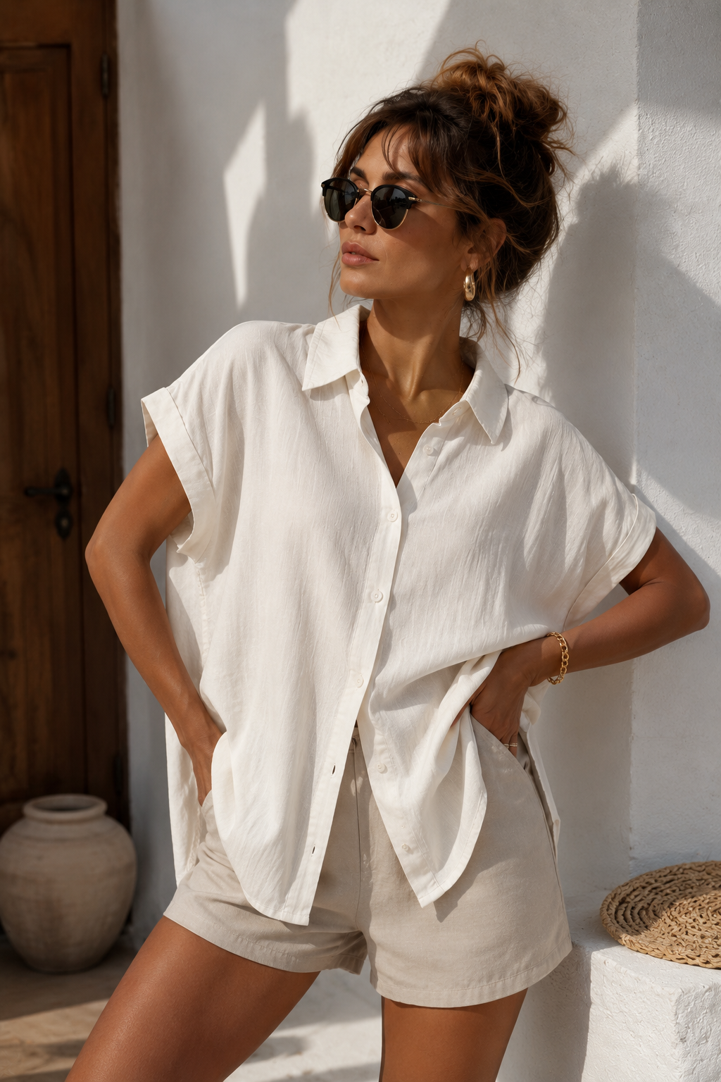 Kadın Ekru Müslin Kumaş Oversize Kısa Kollu Gömlek