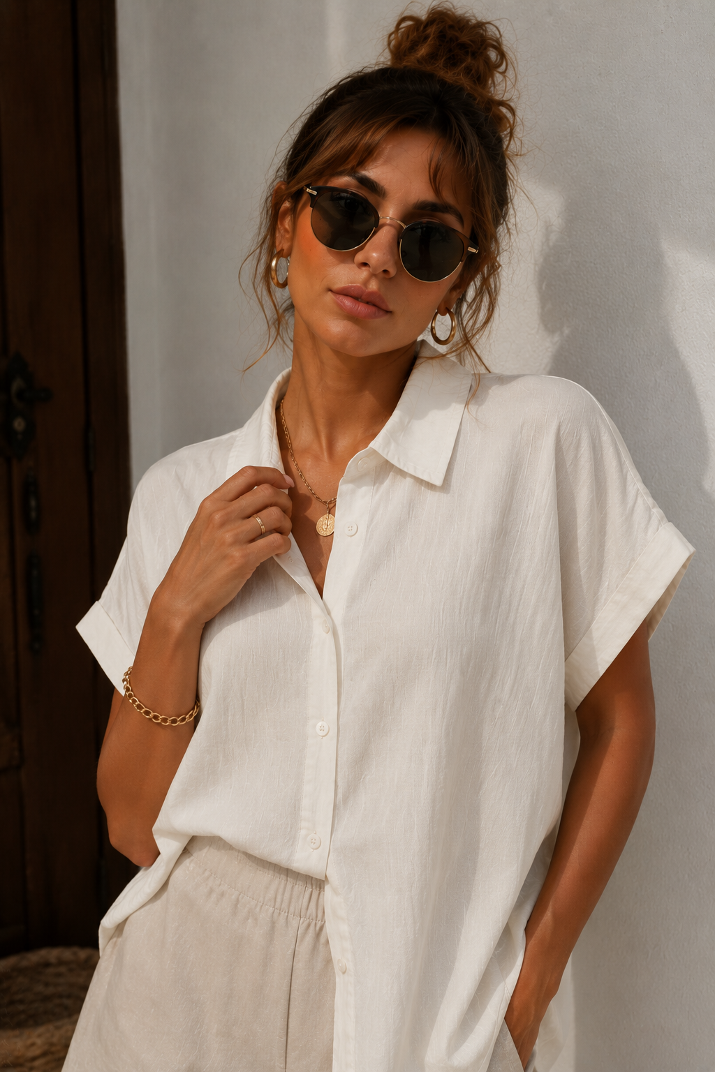 Kadın Ekru Müslin Kumaş Oversize Kısa Kollu Gömlek