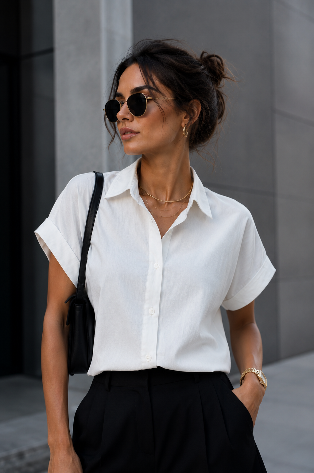 Kadın Ekru Oversize Kısa Kollu Gömlek