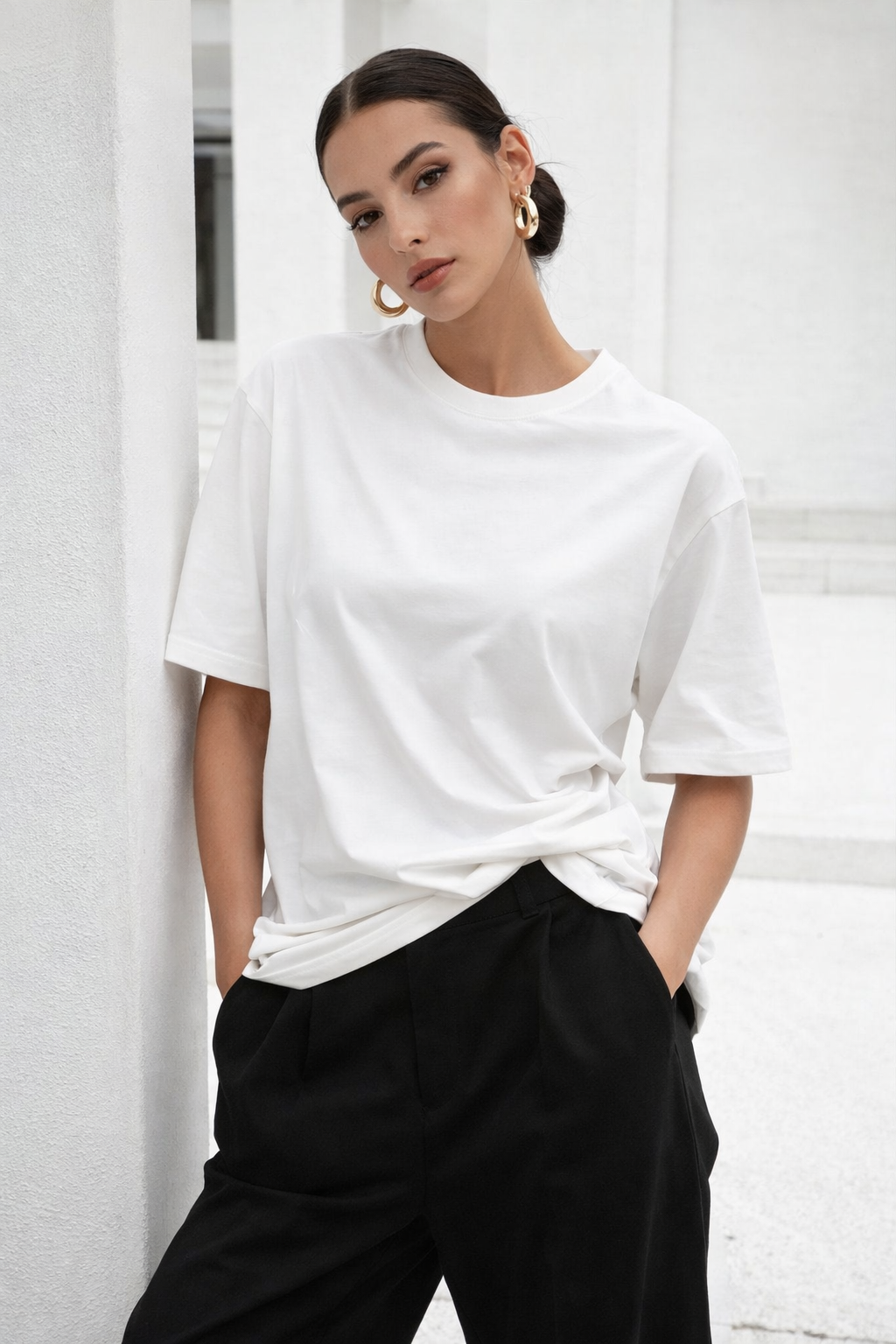 Kadın Ekru Premium Modal Kumaş Oversize T-Shirt