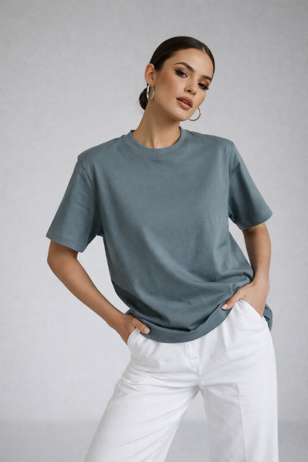 Kadın Füme %100 Pamuk Oversize Basic Tişört – Rahat Kalıp Relaxed Bisiklet Yaka T-Shirt