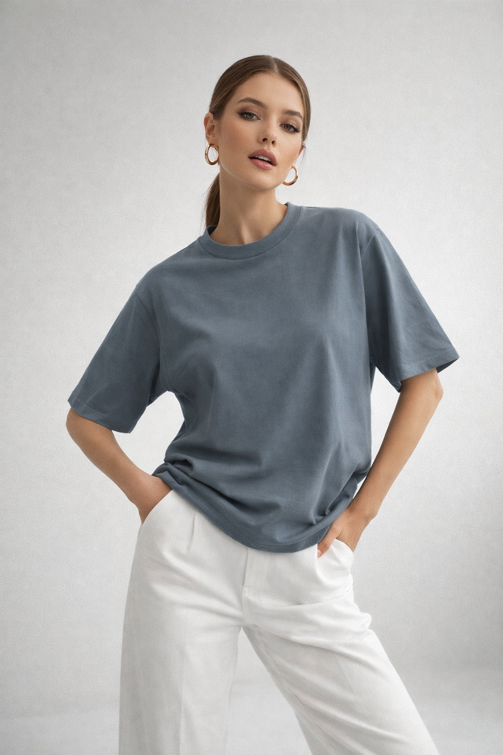 Kadın Füme %100 Pamuk Oversize Basic Tişört – Rahat Kalıp Relaxed Bisiklet Yaka T-Shirt