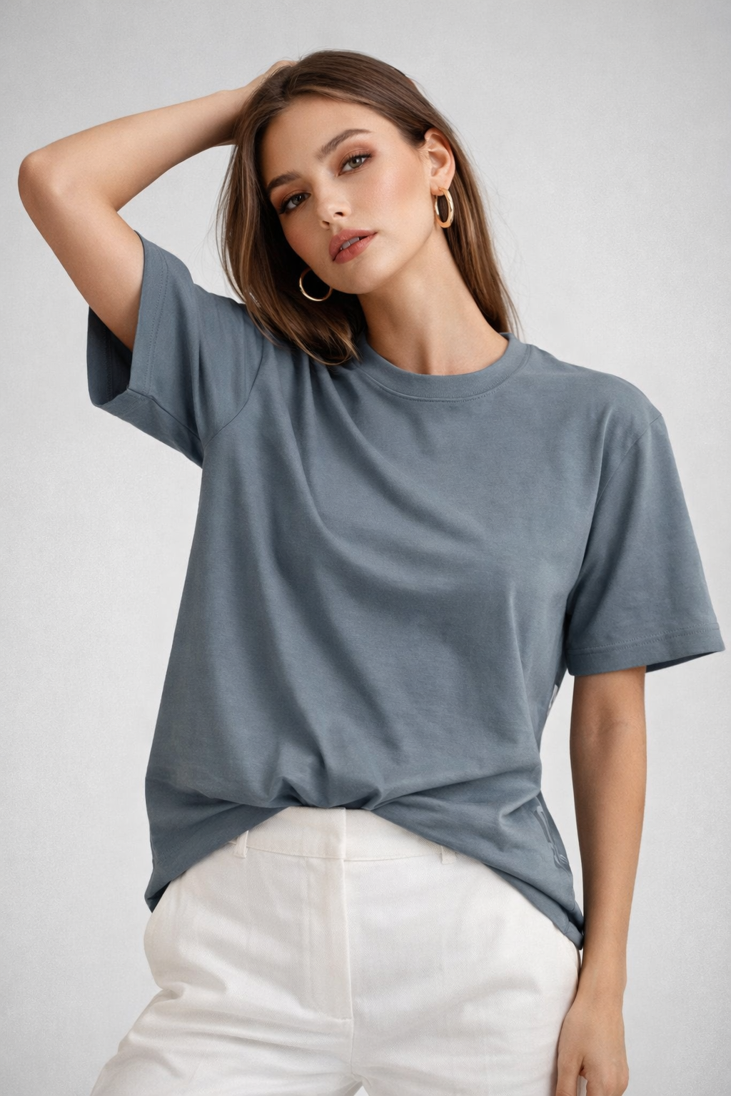 Kadın Füme %100 Pamuk Oversize Basic Tişört – Rahat Kalıp Relaxed Bisiklet Yaka T-Shirt