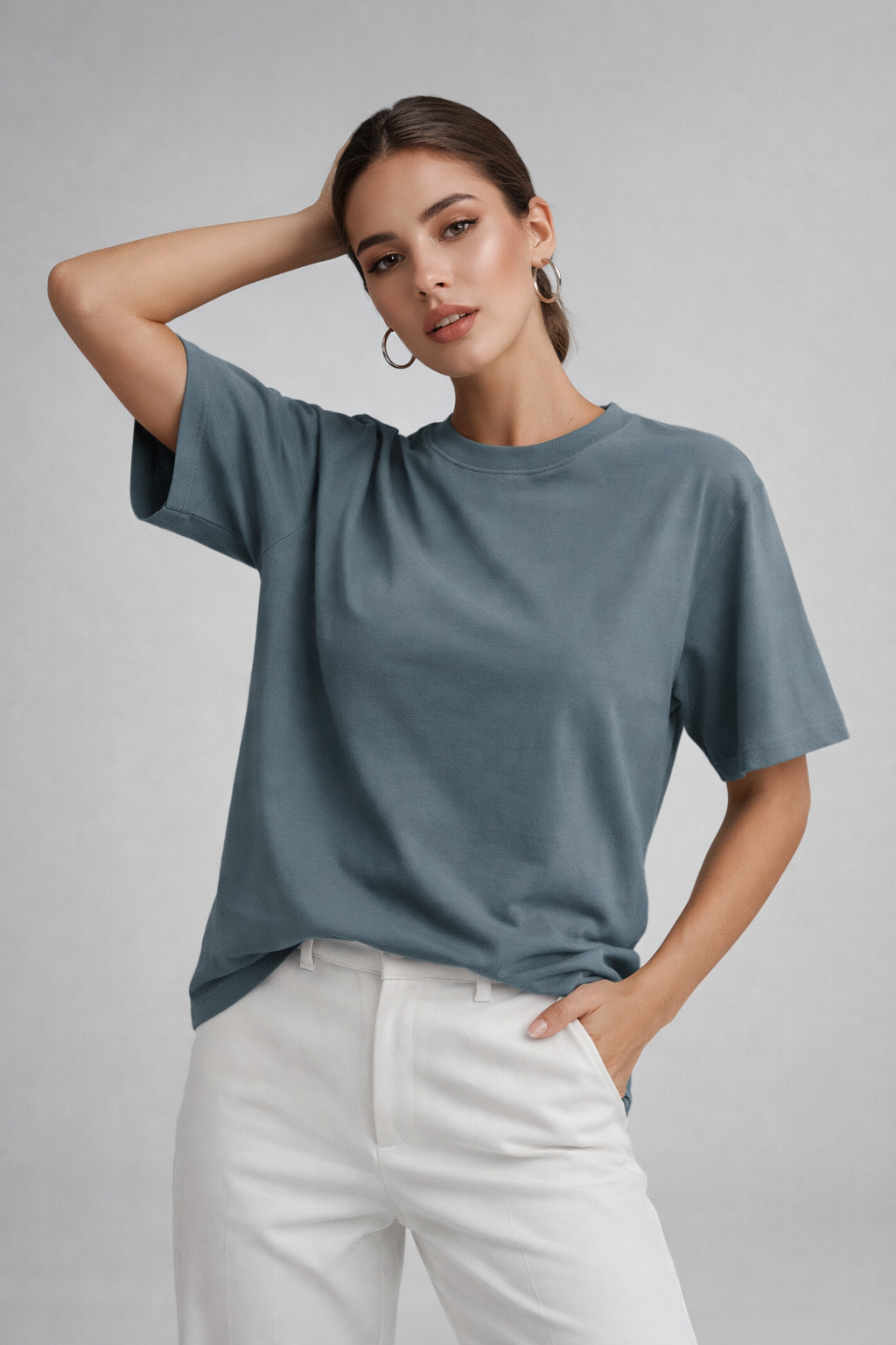 Kadın Füme %100 Pamuk Oversize Basic Tişört – Rahat Kalıp Relaxed Bisiklet Yaka T-Shirt
