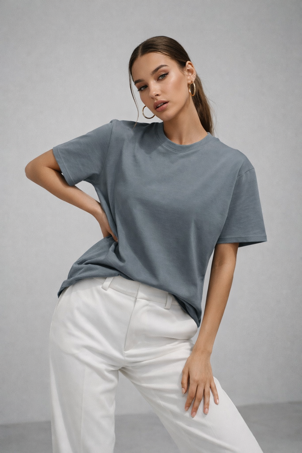 Kadın Füme %100 Pamuk Oversize Basic Tişört – Rahat Kalıp Relaxed Bisiklet Yaka T-Shirt