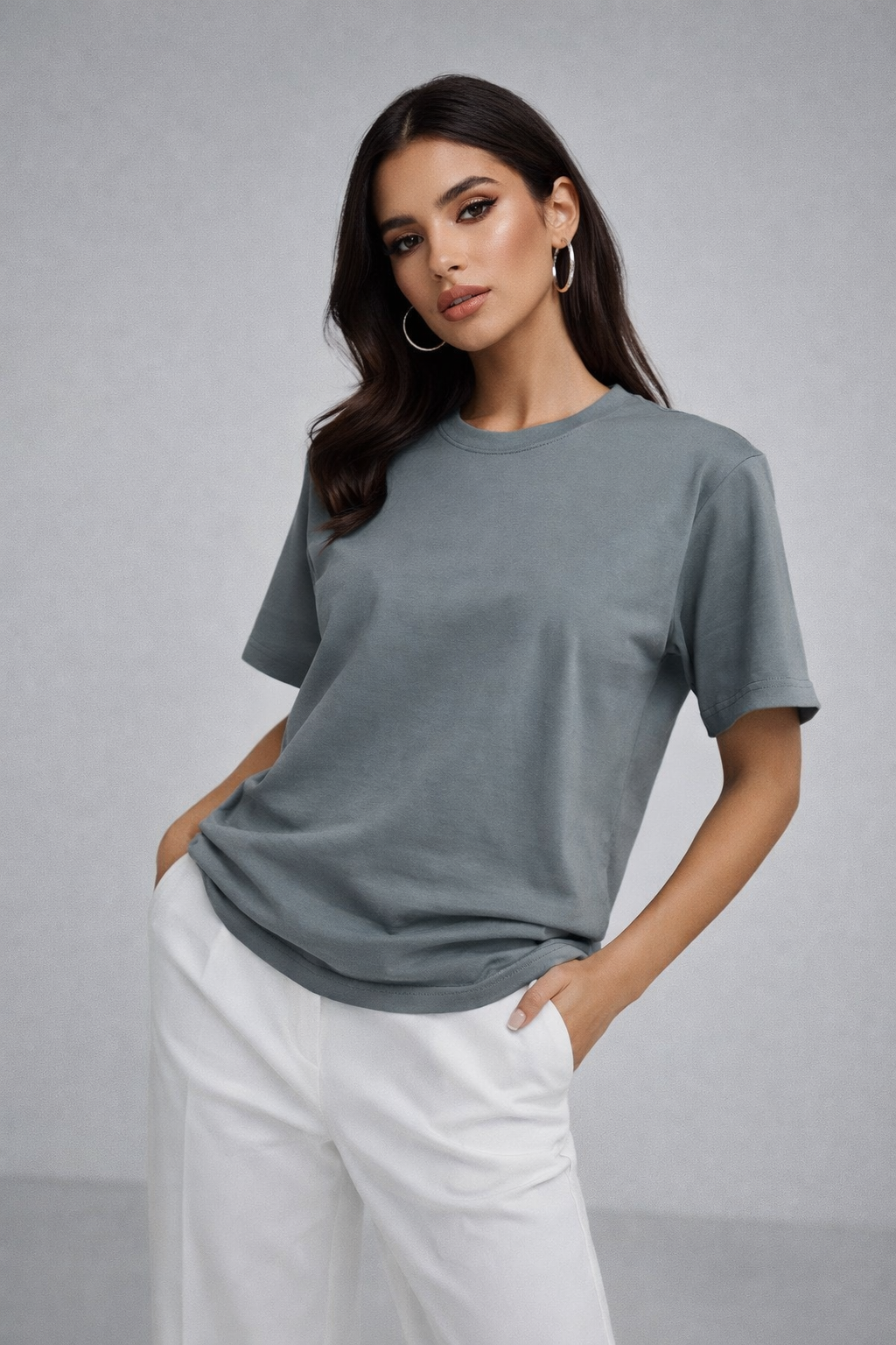 Kadın Füme %100 Pamuk Oversize Basic Tişört – Rahat Kalıp Relaxed Bisiklet Yaka T-Shirt