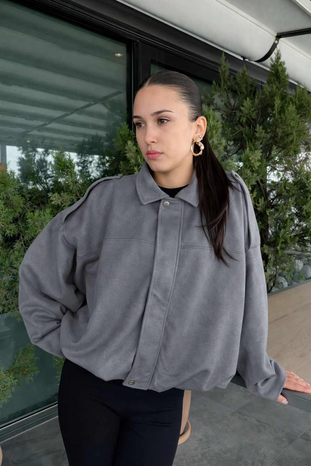 Kadın Gri Oversize Süet Bomber Ceket