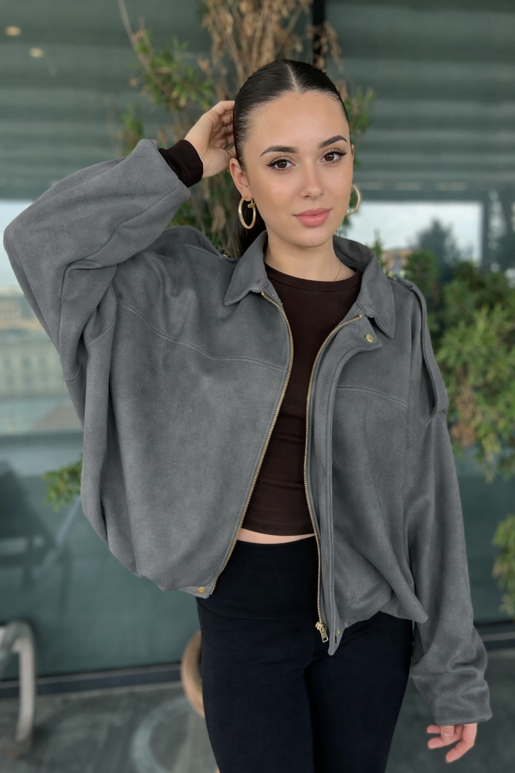 Kadın Gri Oversize Süet Bomber Ceket