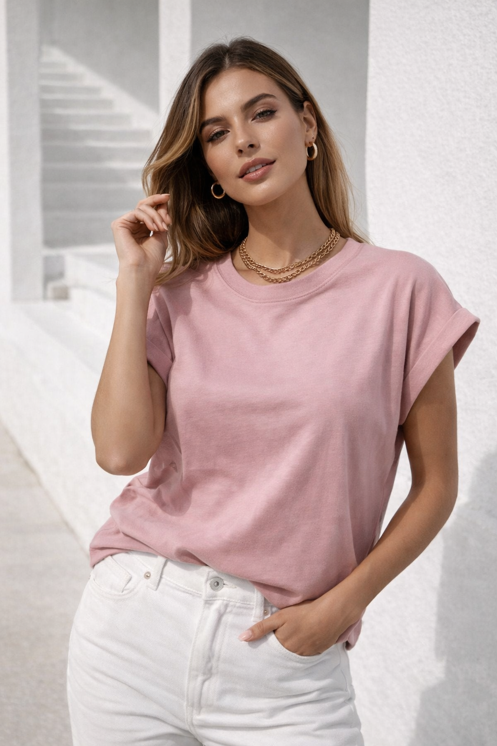 Kadın Gül Kurusu Pamuklu Duble Kol Detaylı Rahat Kalıp T-Shirt