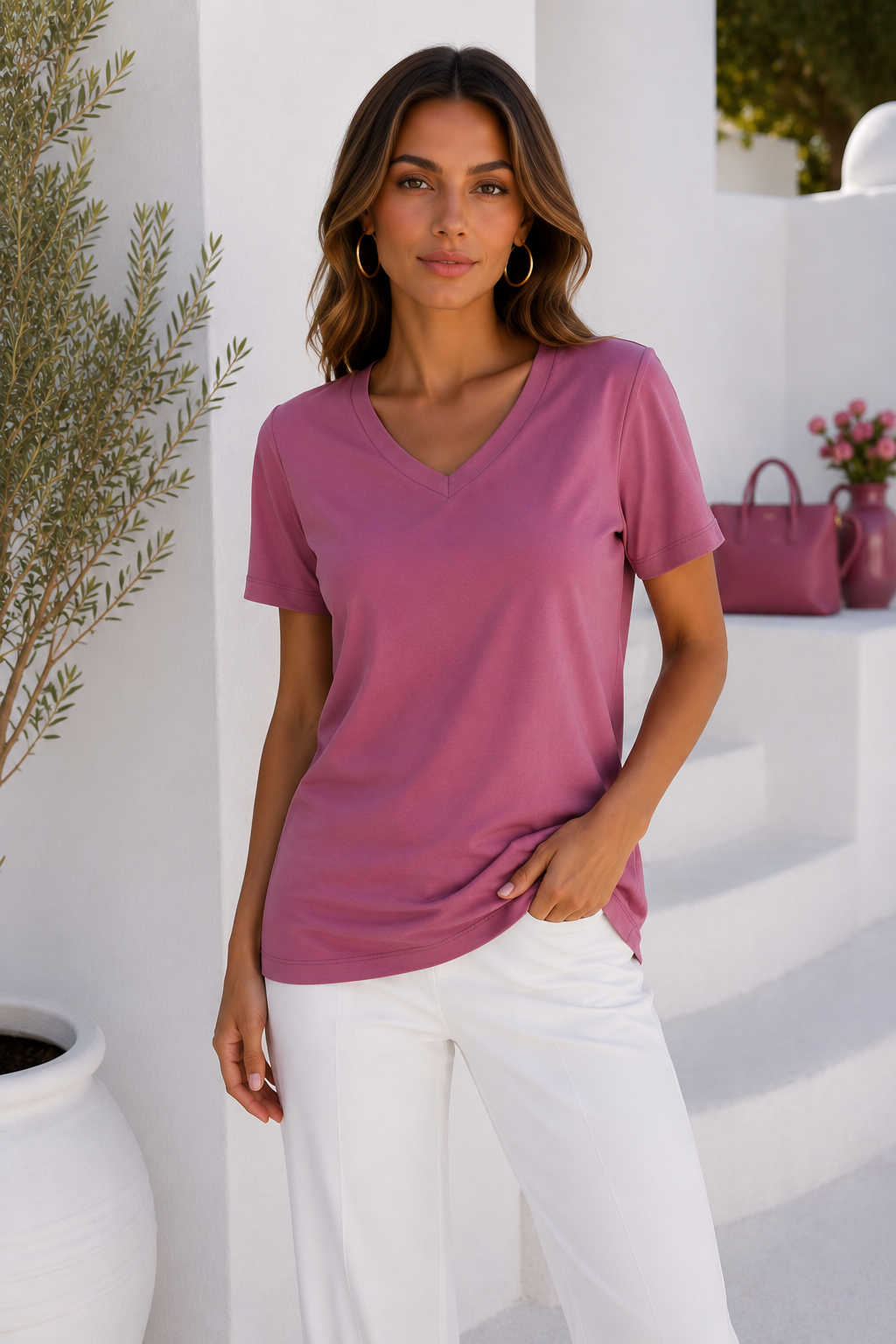 Kadın Gül Kurusu Yumuşak Dokulu İnterlock V Yaka Basic T-Shirt