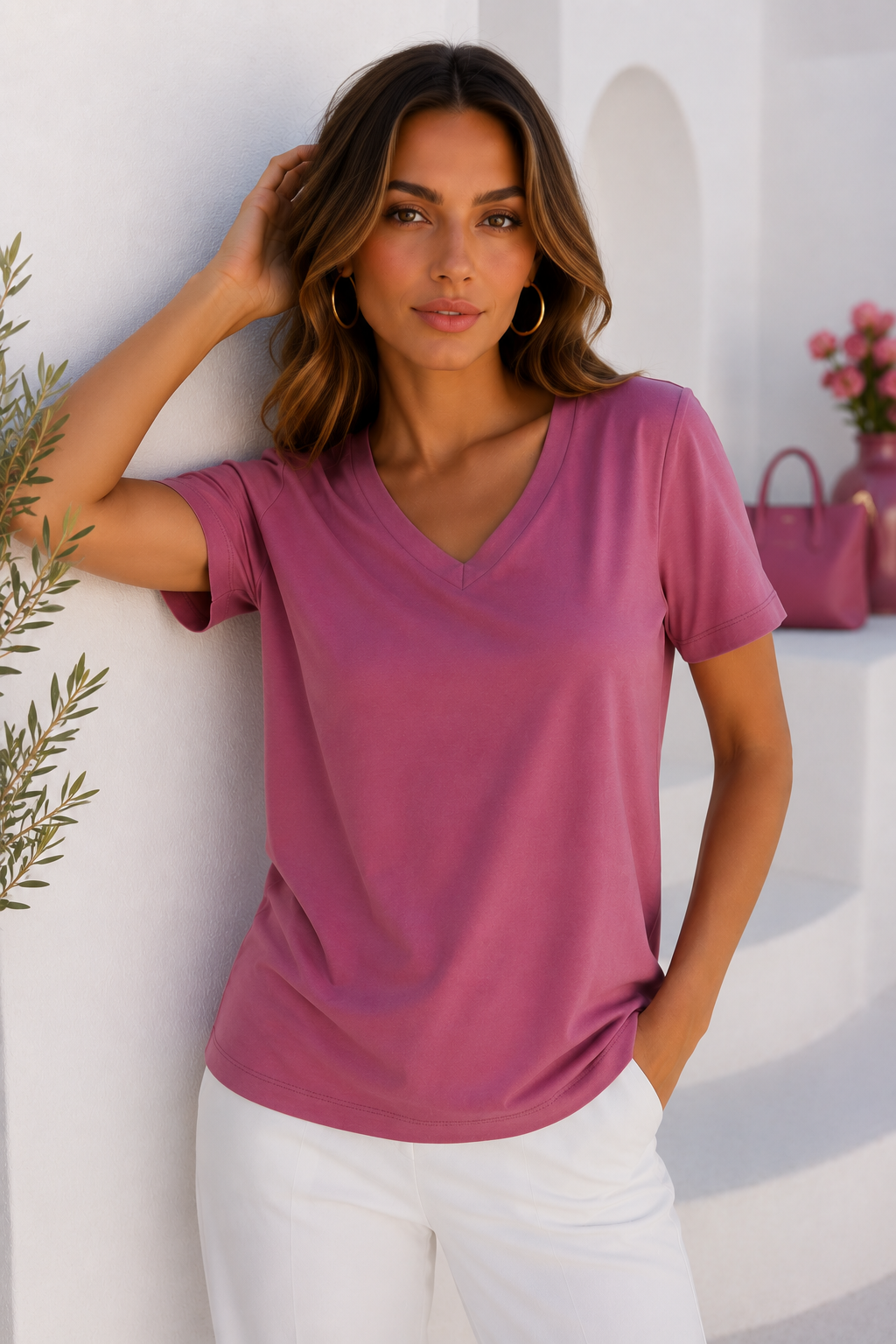 Kadın Gül Kurusu Yumuşak Dokulu İnterlock V Yaka Basic T-Shirt