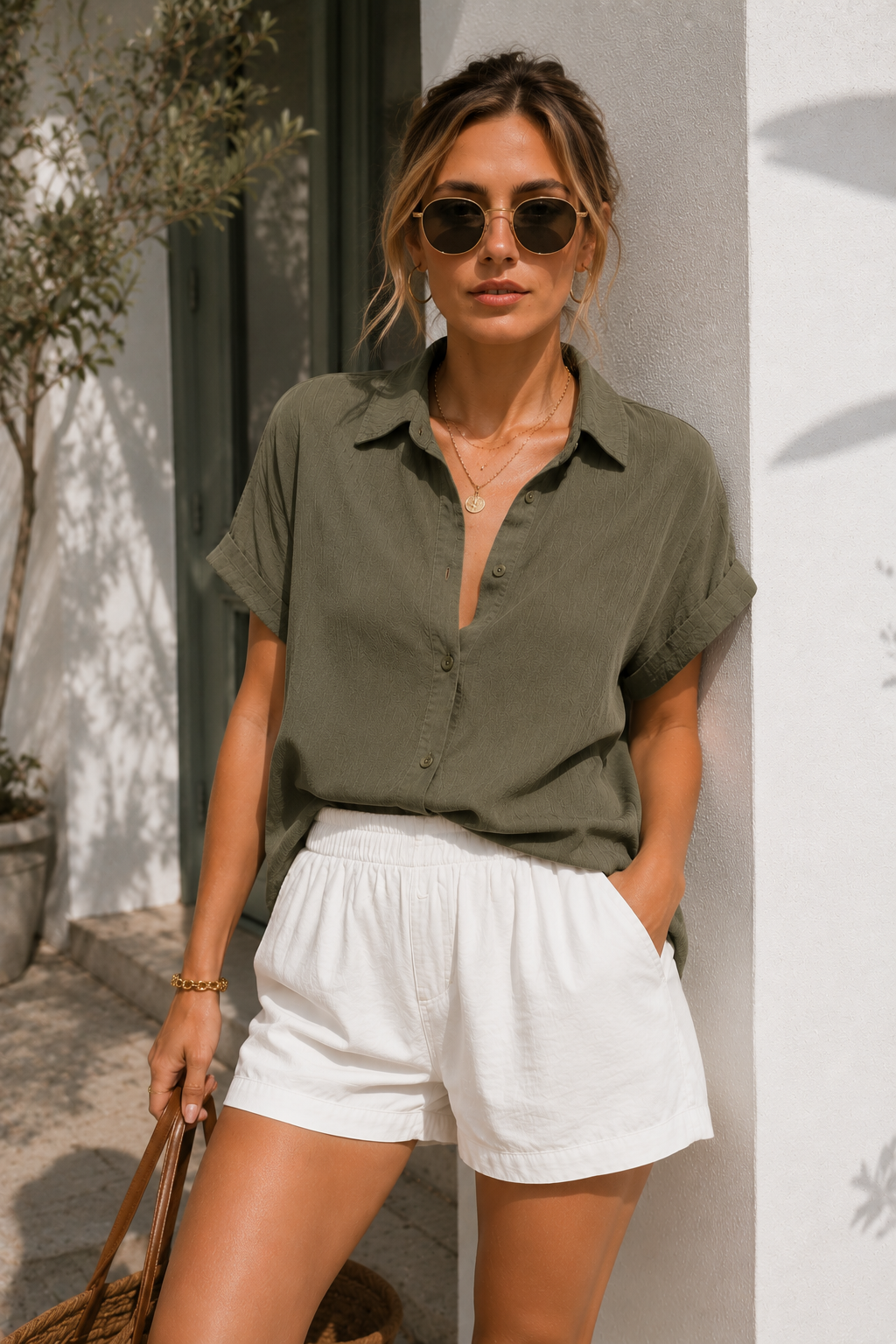 Kadın Haki Müslin Kumaş Oversize Kısa Kollu Gömlek