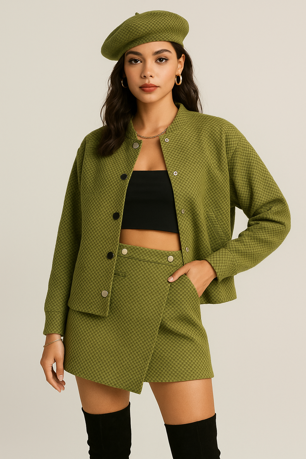 Kadın Haki Oversize Ceket Şort Etek Takım