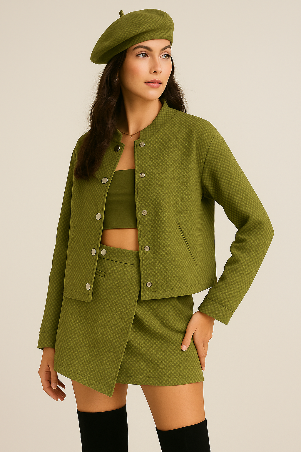Kadın Haki Oversize Ceket Şort Etek Takım