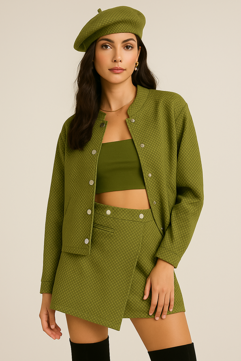 Kadın Haki Oversize Ceket Şort Etek Takım