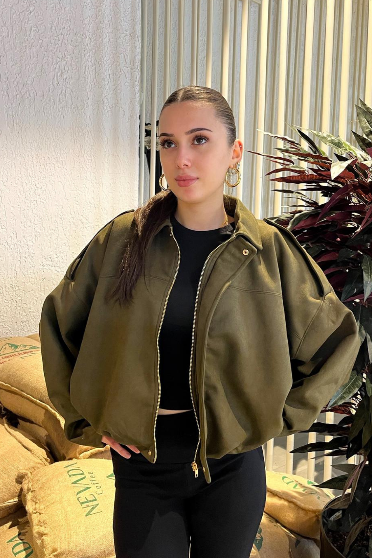 Kadın Haki Oversize Süet Bomber Ceket