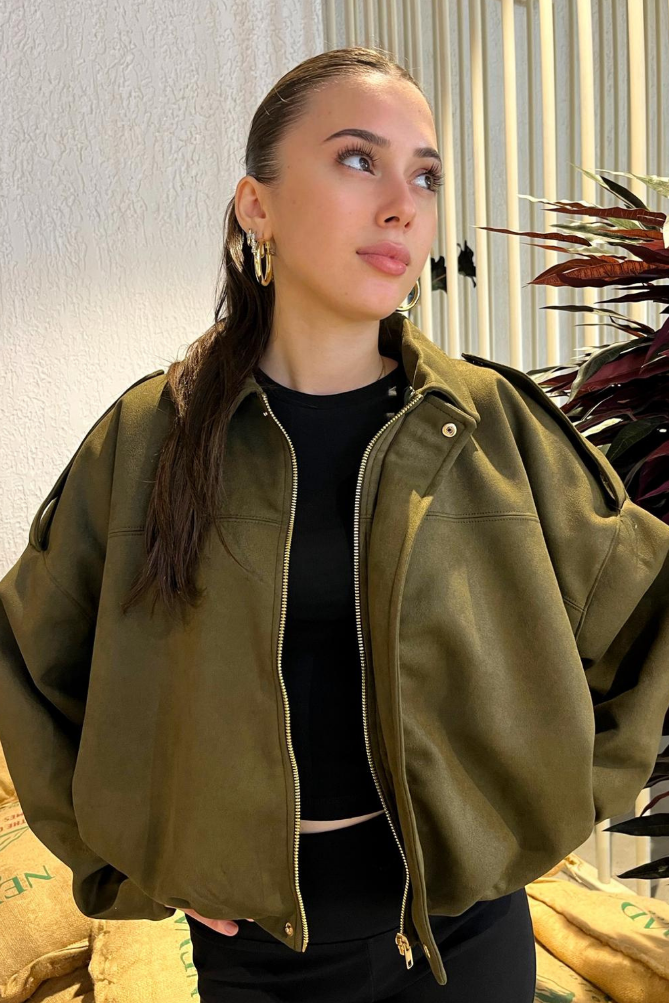 Kadın Haki Oversize Süet Bomber Ceket
