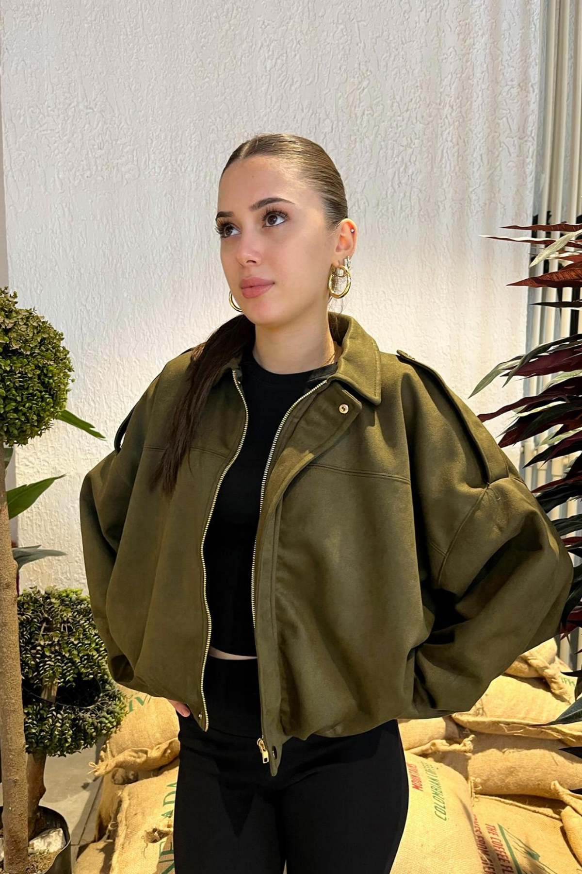 Kadın Haki Oversize Süet Bomber Ceket