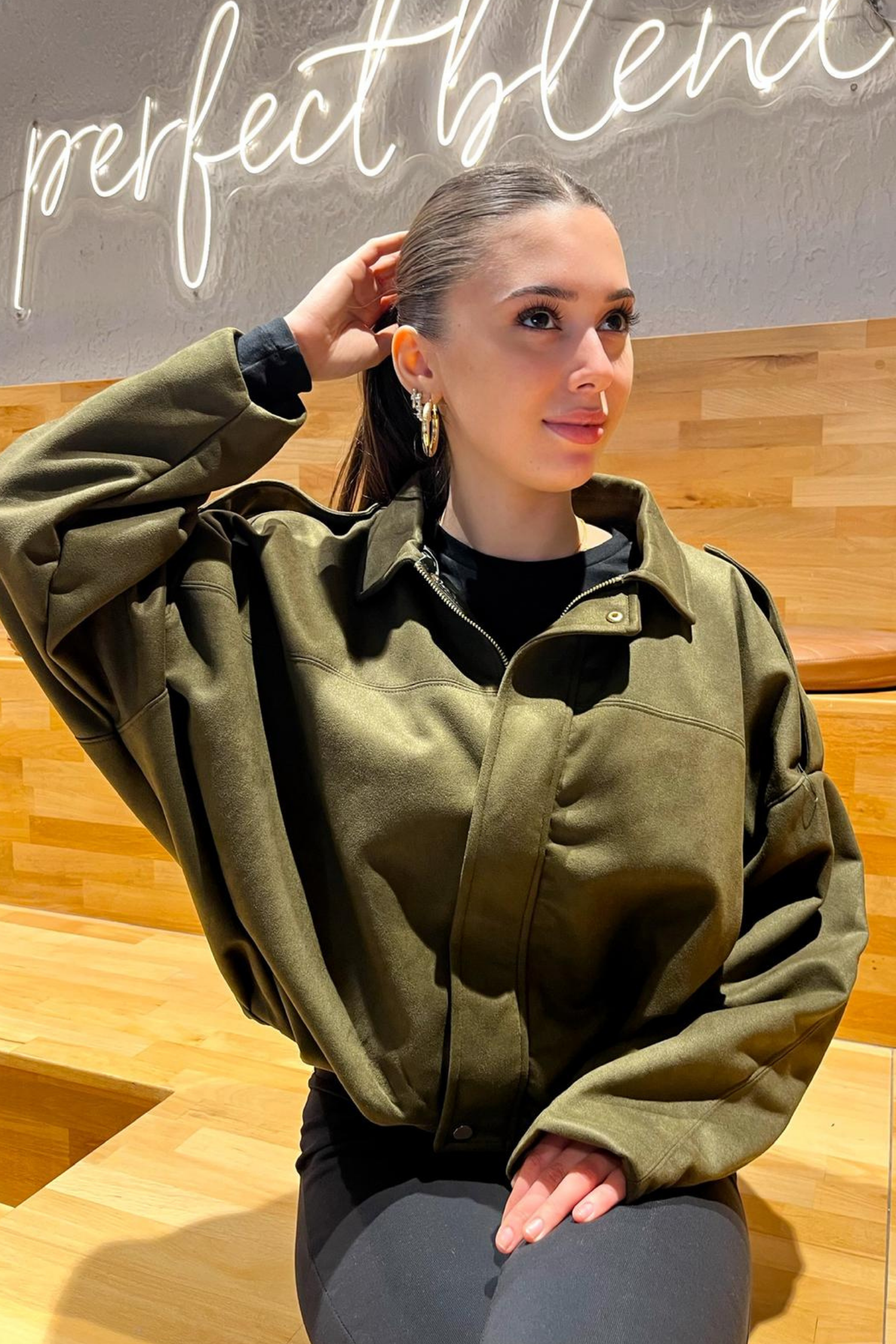 Kadın Haki Oversize Süet Bomber Ceket