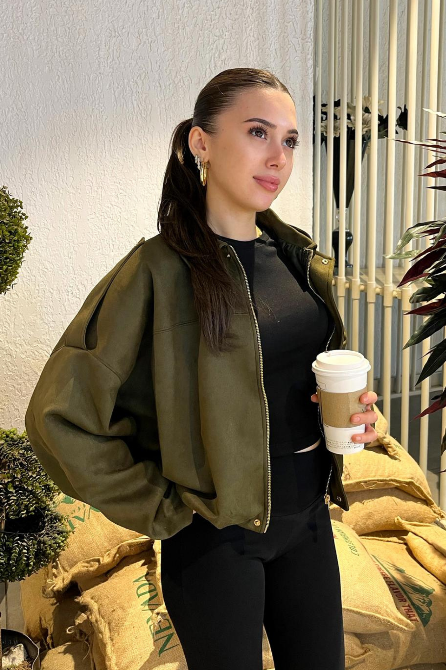 Kadın Haki Oversize Süet Bomber Ceket
