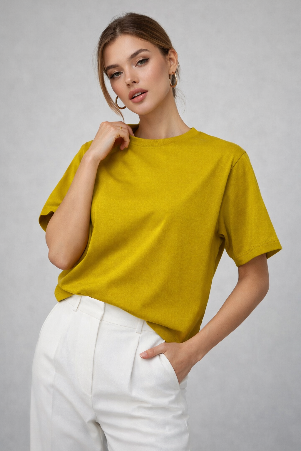 Kadın Hardal %100 Pamuk Oversize Basic Tişört – Rahat Kalıp Relaxed Bisiklet Yaka T-Shirt