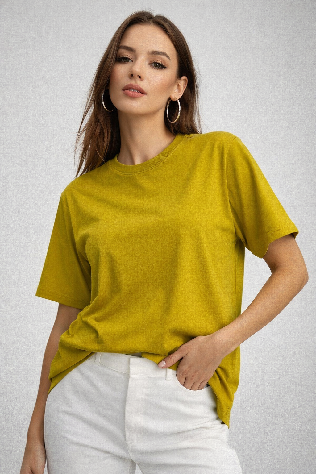 Kadın Hardal %100 Pamuk Oversize Basic Tişört – Rahat Kalıp Relaxed Bisiklet Yaka T-Shirt