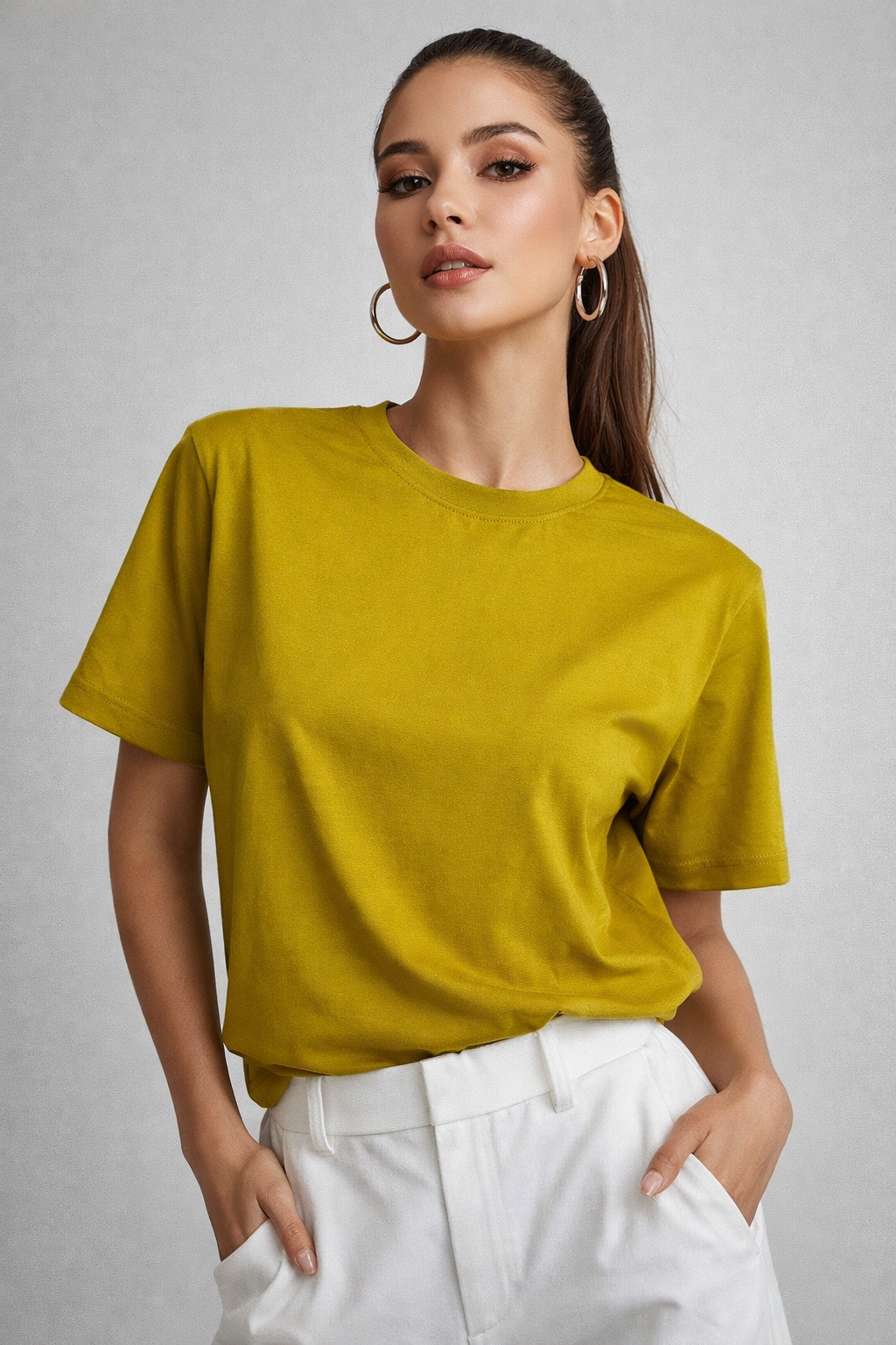 Kadın Hardal %100 Pamuk Oversize Basic Tişört – Rahat Kalıp Relaxed Bisiklet Yaka T-Shirt