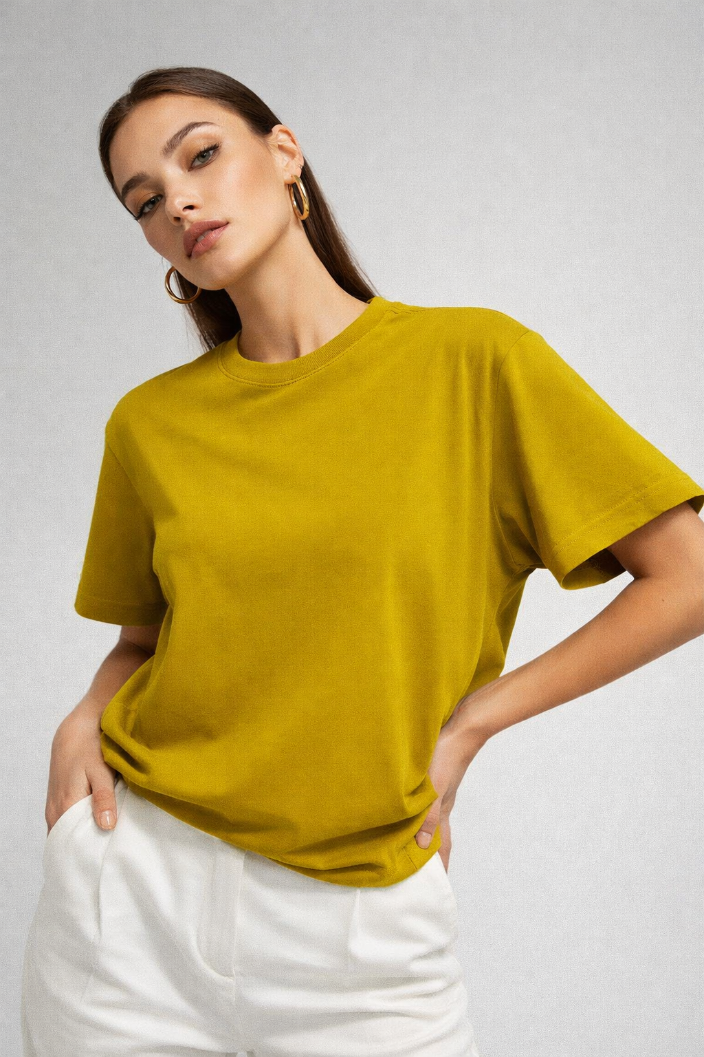 Kadın Hardal %100 Pamuk Oversize Basic Tişört – Rahat Kalıp Relaxed Bisiklet Yaka T-Shirt