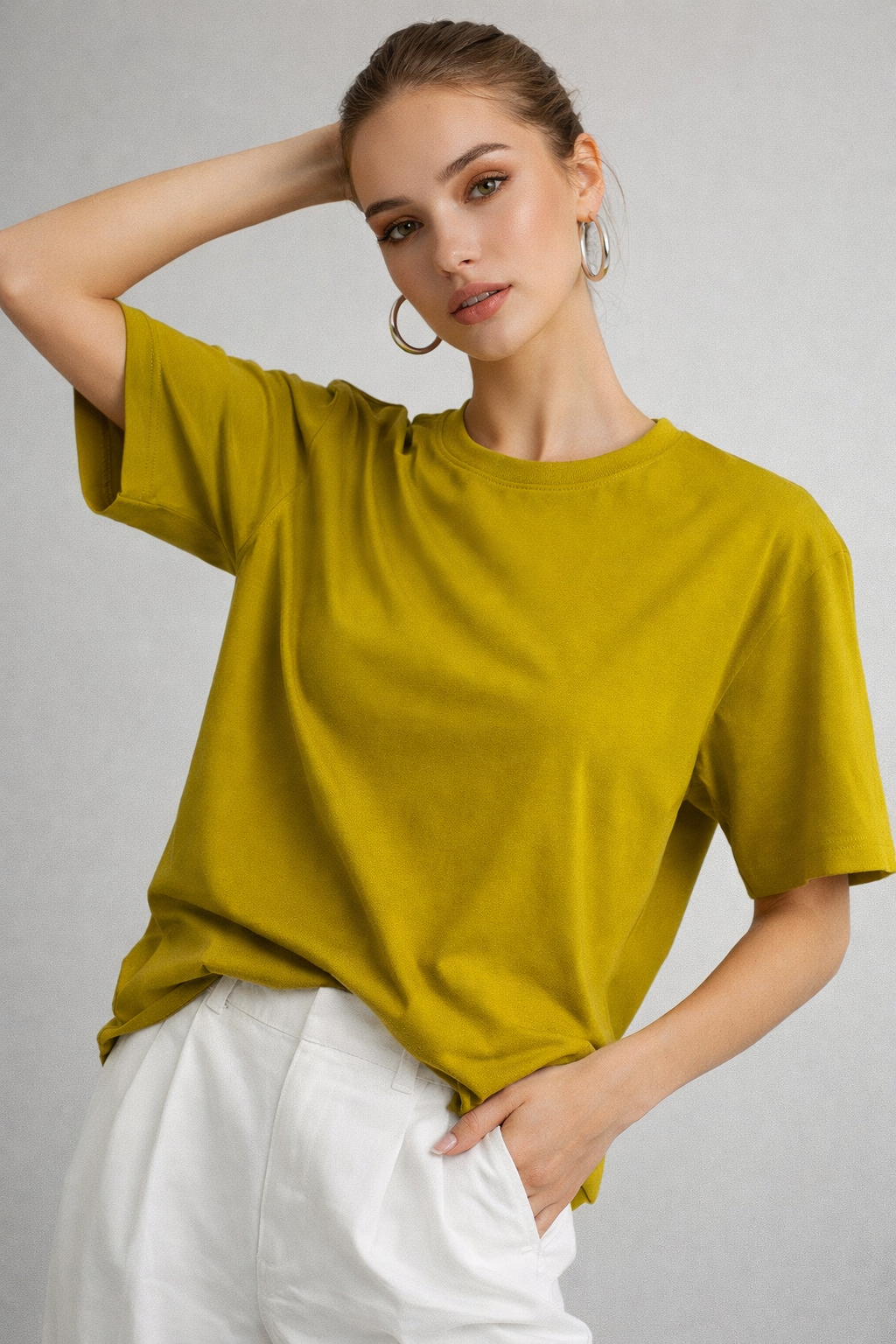 Kadın Hardal %100 Pamuk Oversize Basic Tişört – Rahat Kalıp Relaxed Bisiklet Yaka T-Shirt