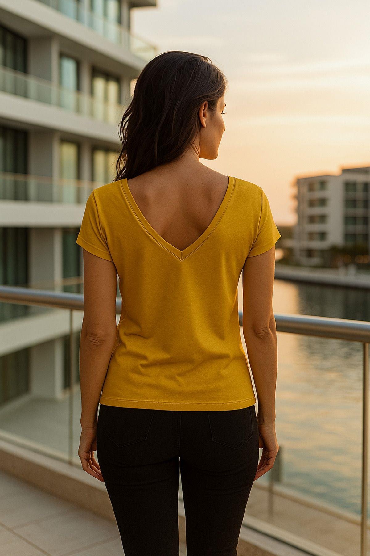 Kadın Hardal Viskon Ön Arka V Yakalı T-shirt Yarasa Kol Relaxed Bluz