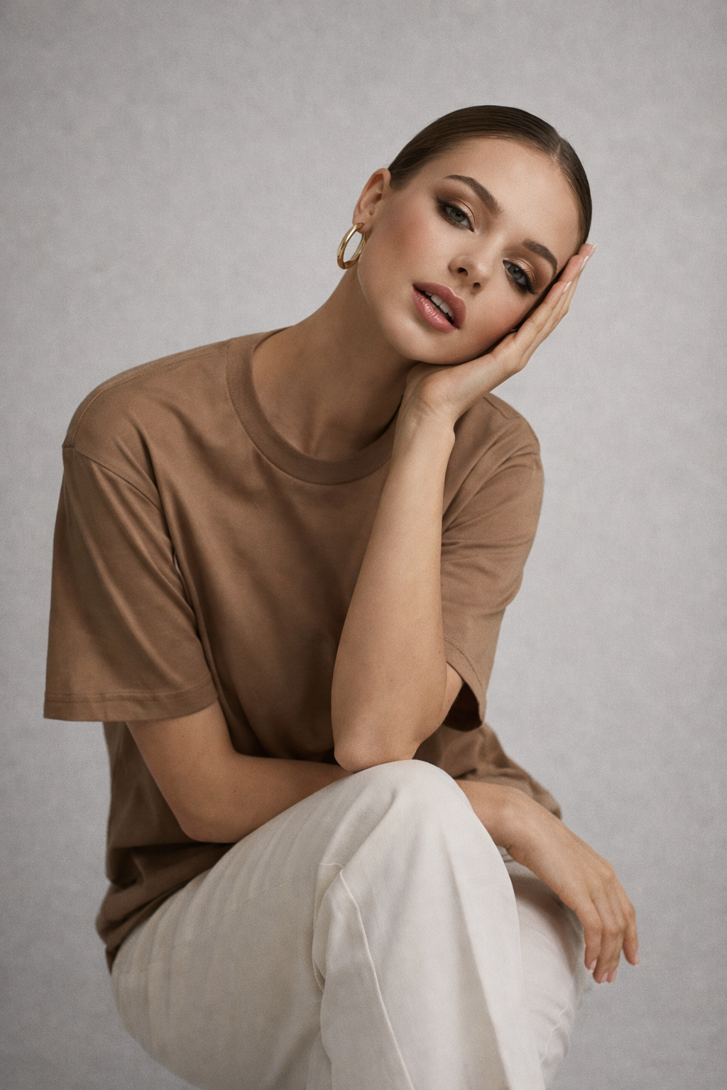 Kadın Kahverengi %100 Pamuk Oversize Basic Tişört – Rahat Kalıp Relaxed Bisiklet Yaka T-Shirt
