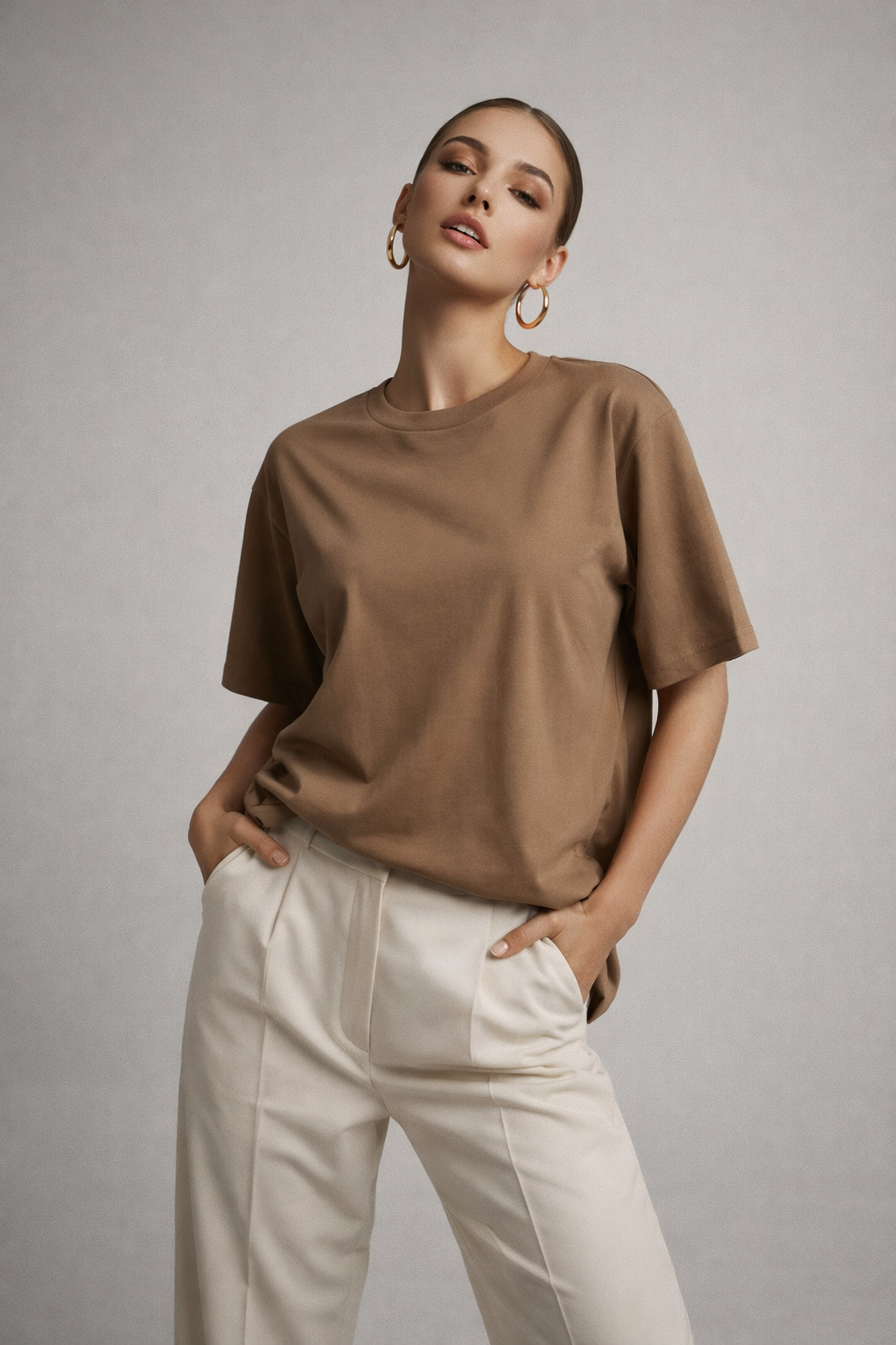 Kadın Kahverengi %100 Pamuk Oversize Basic Tişört – Rahat Kalıp Relaxed Bisiklet Yaka T-Shirt