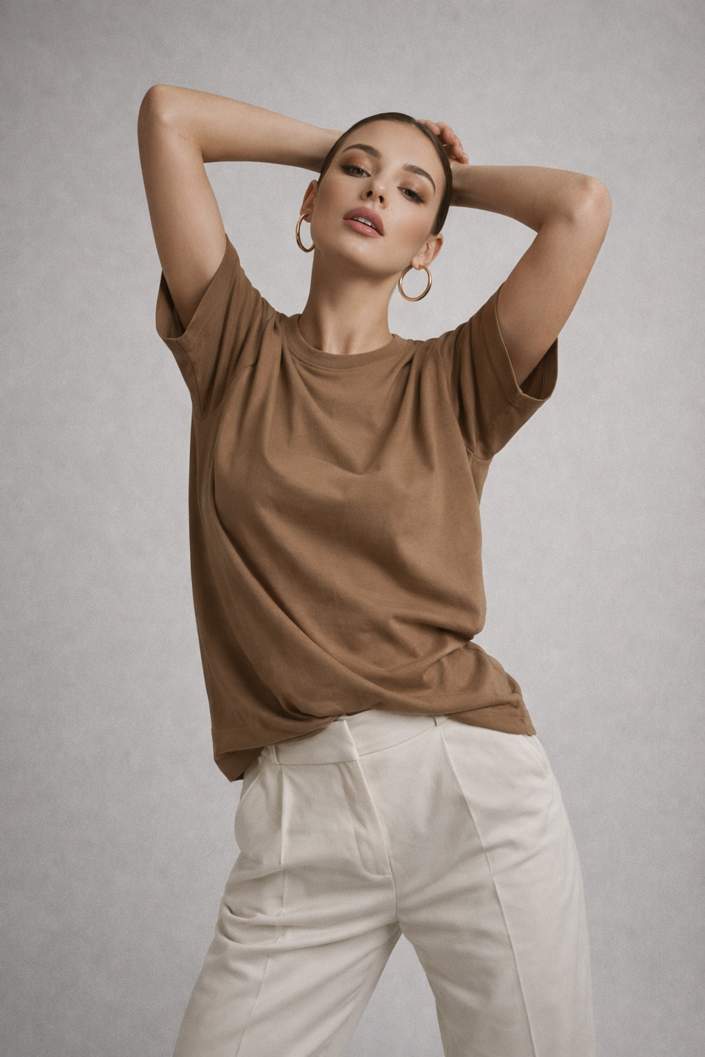 Kadın Kahverengi %100 Pamuk Oversize Basic Tişört – Rahat Kalıp Relaxed Bisiklet Yaka T-Shirt